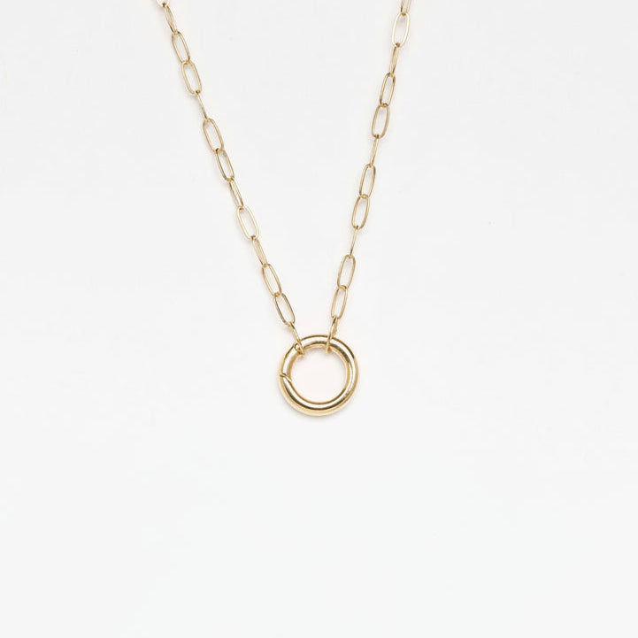 Gold necklace with a red gemstone pendant on a white background