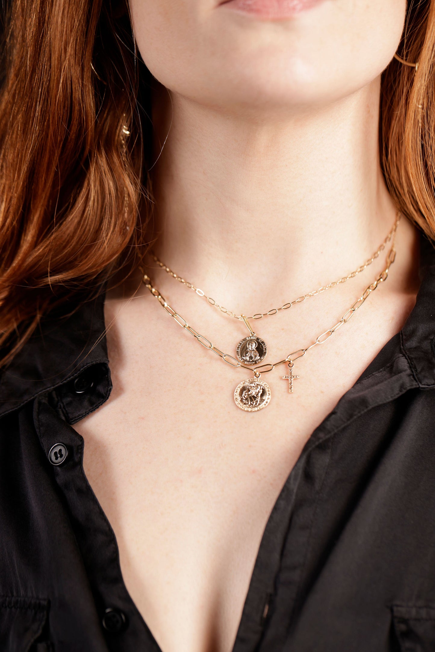 st christopher coin necklace on model