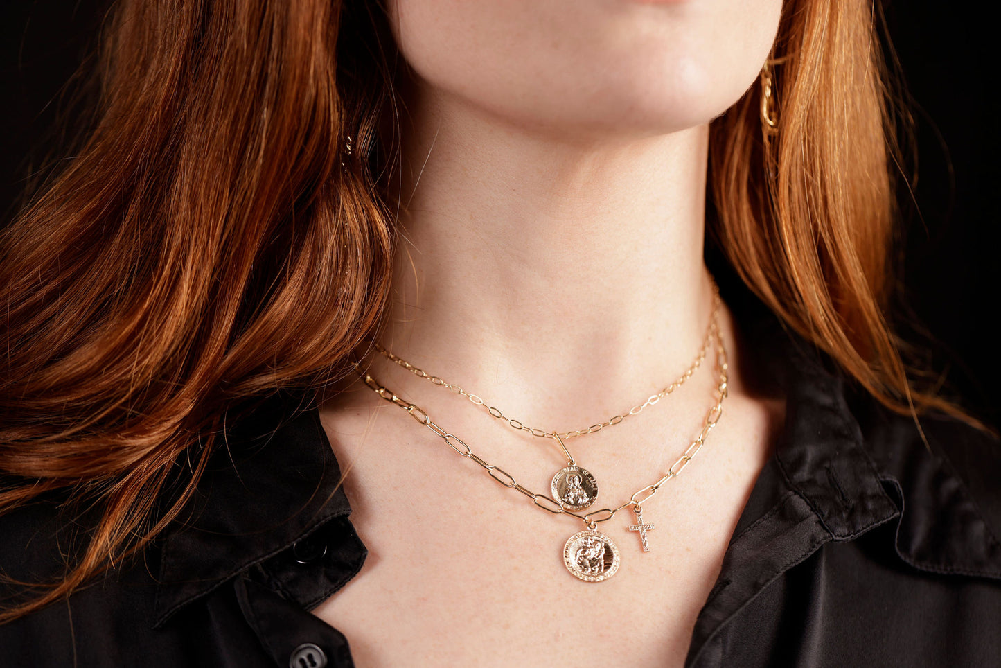 st christopher coin necklace on model