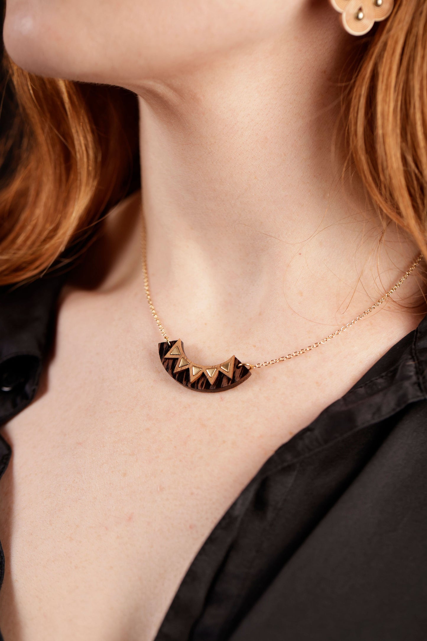 Load image into Gallery viewer, wooden arc necklace on model
