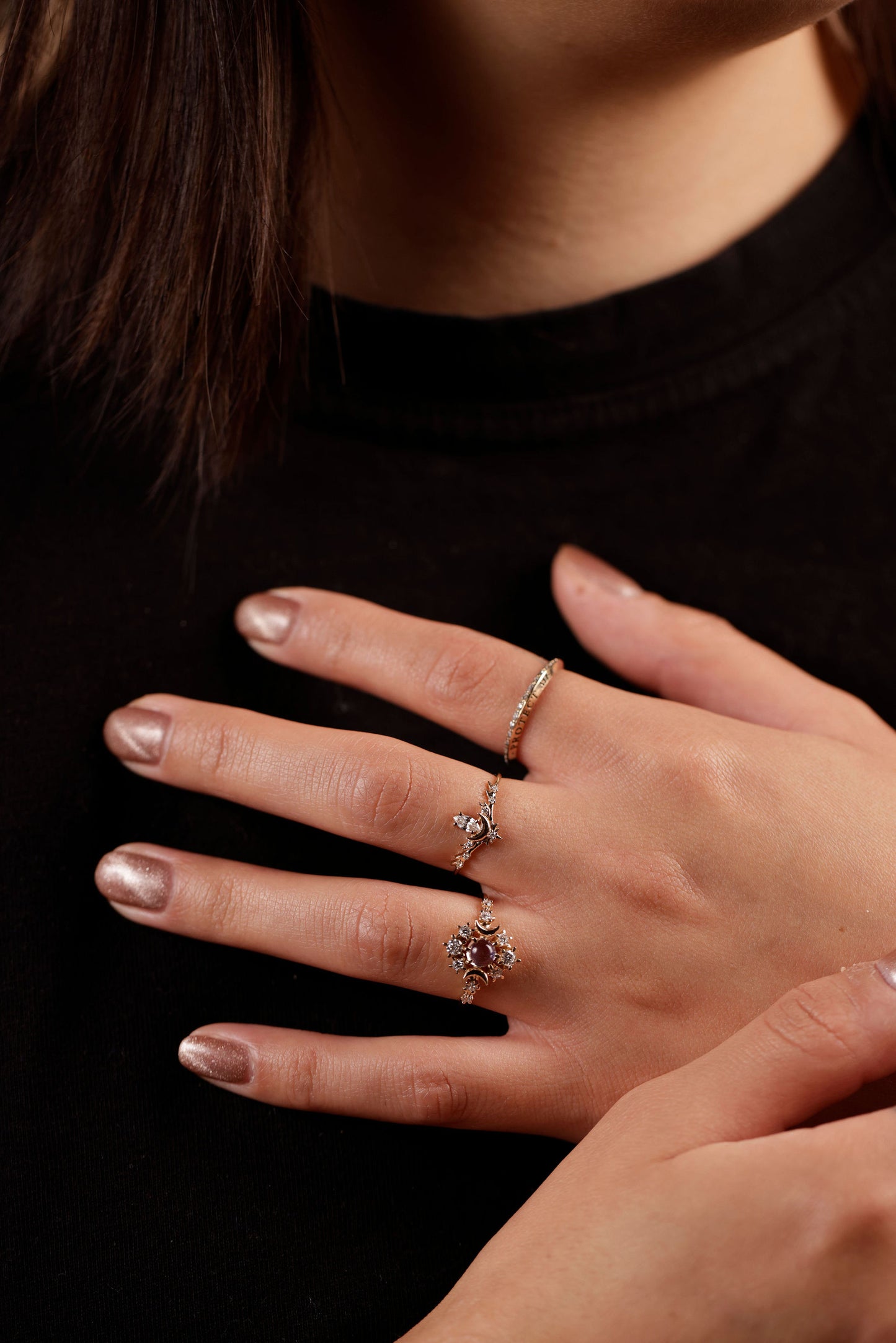 moonstone wandering cosmos ring on model
