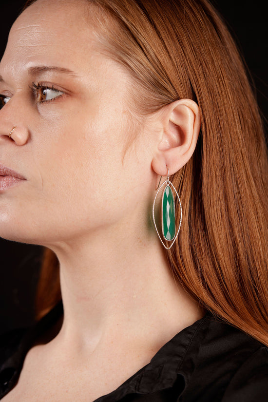 Load image into Gallery viewer, green onyx petal earrings on model

