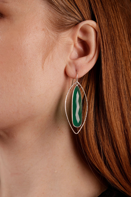 Load image into Gallery viewer, green onyx petal earrings on model
