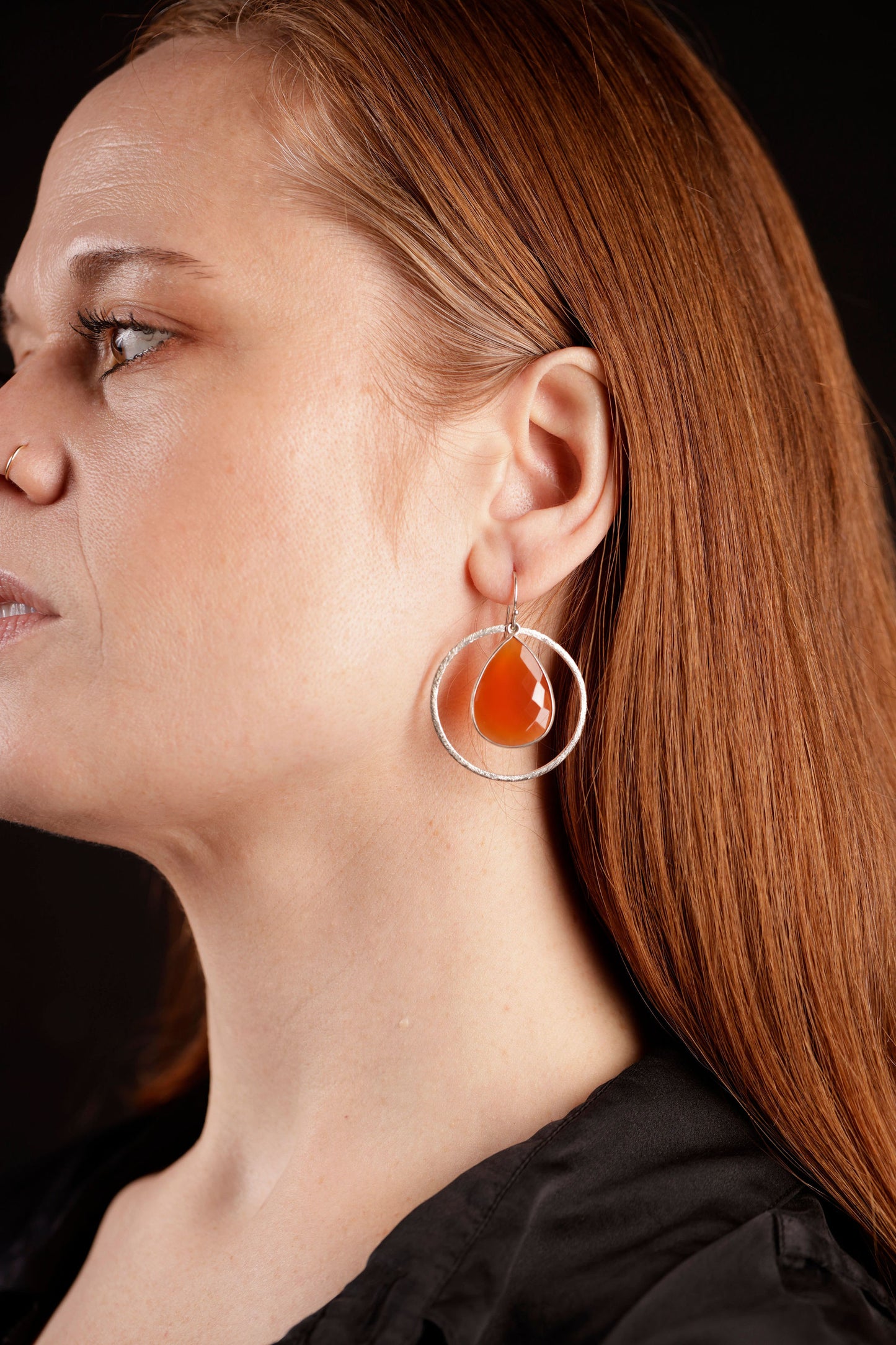 carnelian drop earrings on model