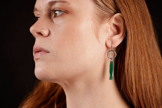 Load image into Gallery viewer, Green onyx dangle earring on model
