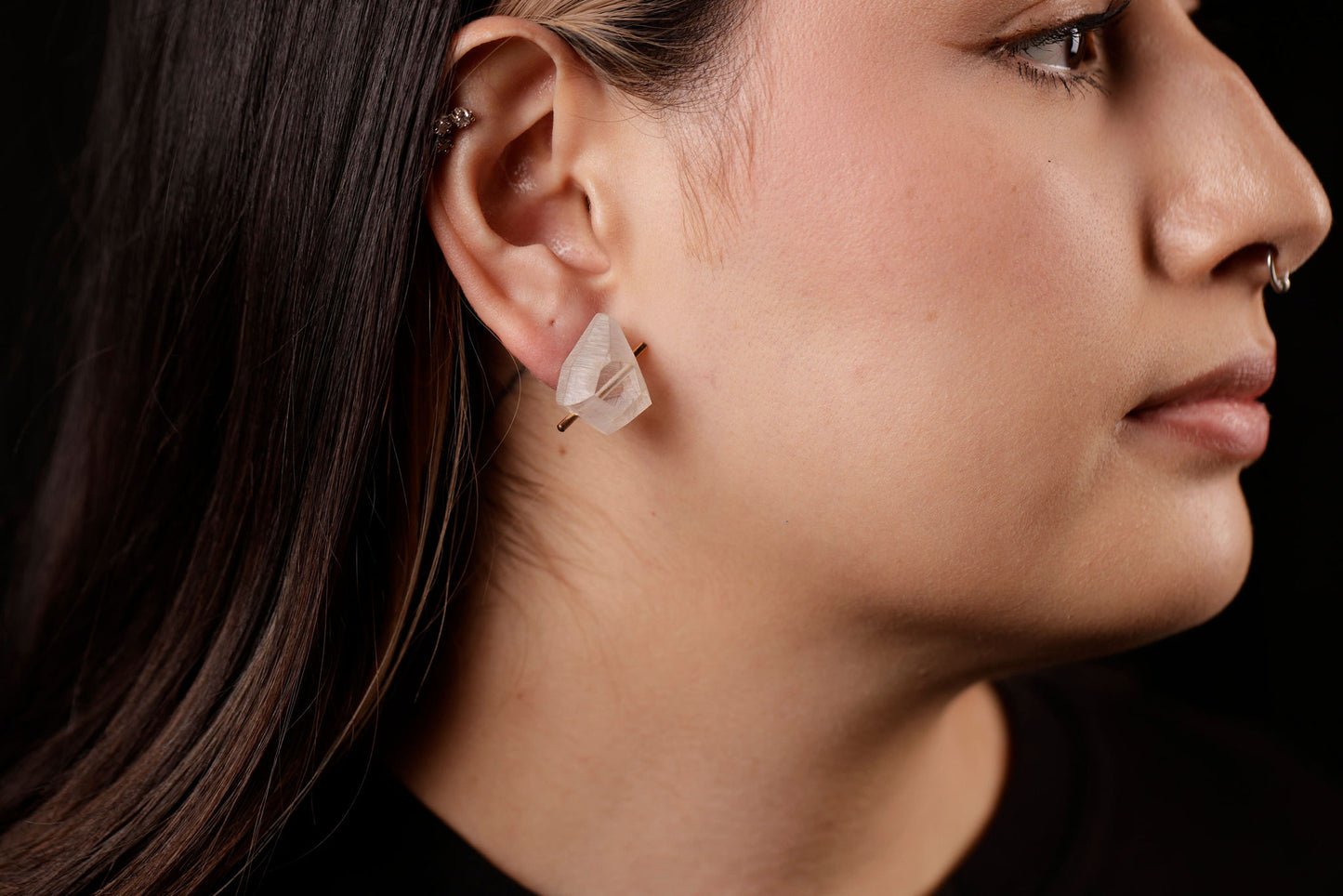 acrylic rock earrings on model