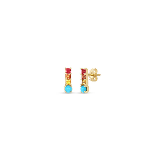 mini daybreak line studs with round turquoise and princess cut yellow, orange, and red sapphires on a white background