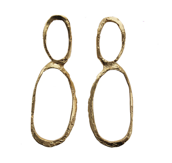 textured gold earrings with a small oval stacked on top of a larger oval. On a white background