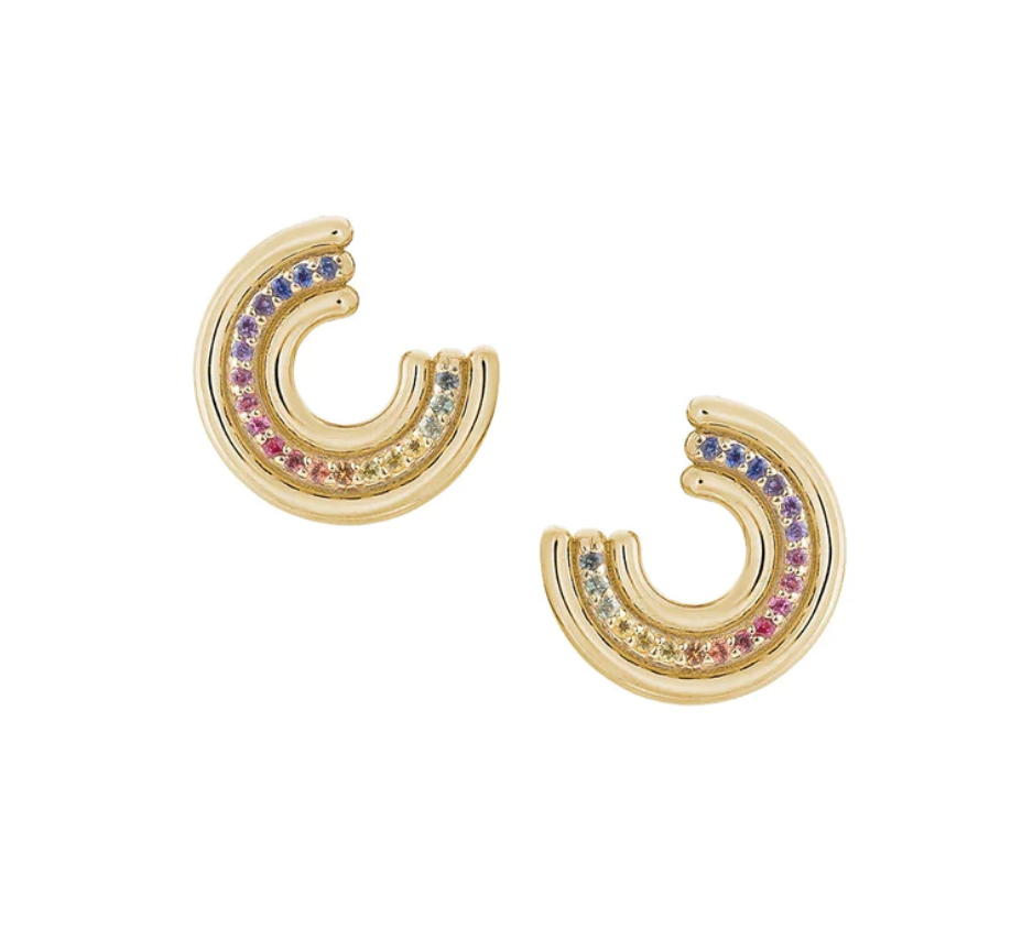 Load image into Gallery viewer, Gold open circle stud earrings with rainbow sapphire, on white background.
