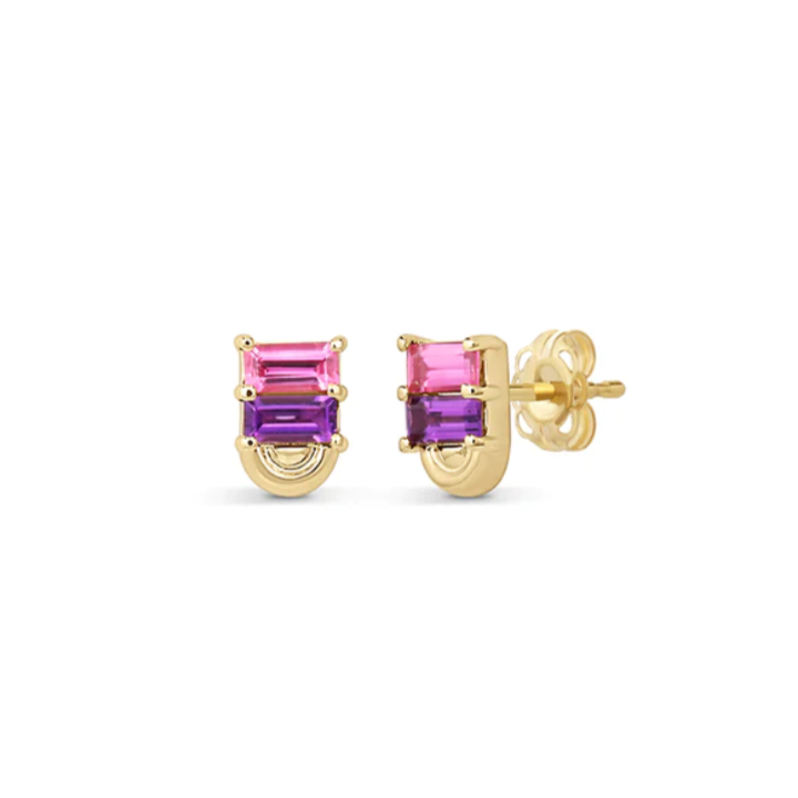 14k yellow gold stud earrings with a pink sapphire, purple amethyst and a gold arc detail on a white background