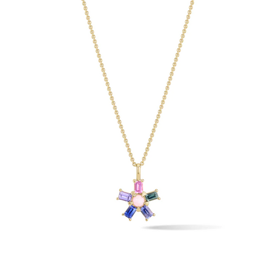 sun shaped pendant necklace with a pink opal center stone and pink, purple, blue, and green sapphire baguette gemstones set in 14k yellow gold. On a white background