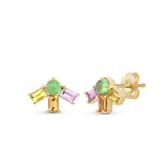 round chrysoprase gemstone stud earrings with a pink, orange, and yellow baguette sapphire in the shape of a half sun set in 14k yellow gold. On a white background