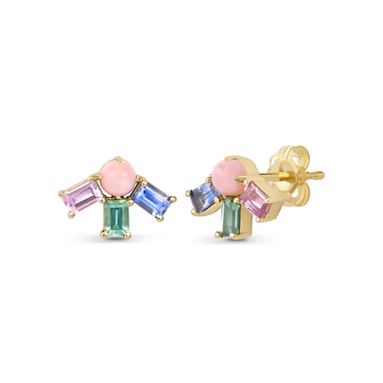 round pink opal gemstone stud earrings with a pink, blue, and green baguette sapphire in the shape of a half sun set in 14k yellow gold. On a white background