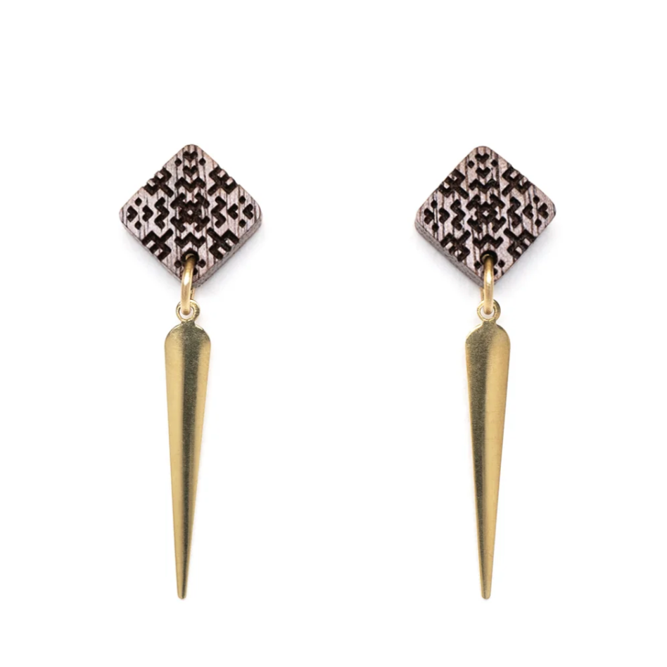 brass spikes dangle from a square wooden stud earring featuring laser engraved design on a white background