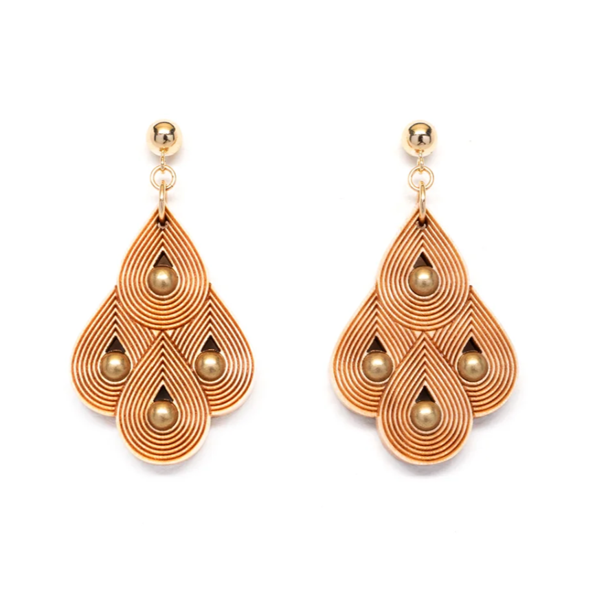 four tear dropped shaped wood designs dangle from a gold circle stud on a white background