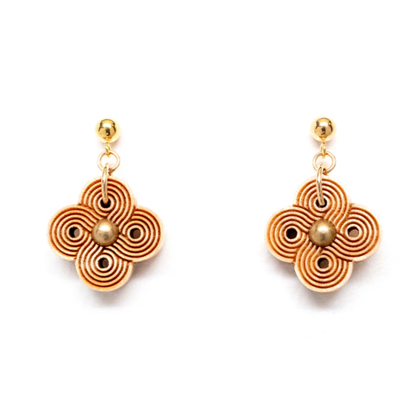 a wooden flower shaped design dangle from a gold ball stud earring on a white background