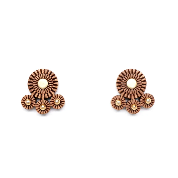 circle shaped wood studs with three smaller circles and brass detailing inside each circle.