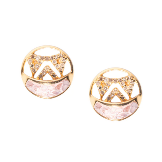 the sonas studs with diamond slices set in pink resin and triangle shape details encrusted with champagne diamonds on a white background