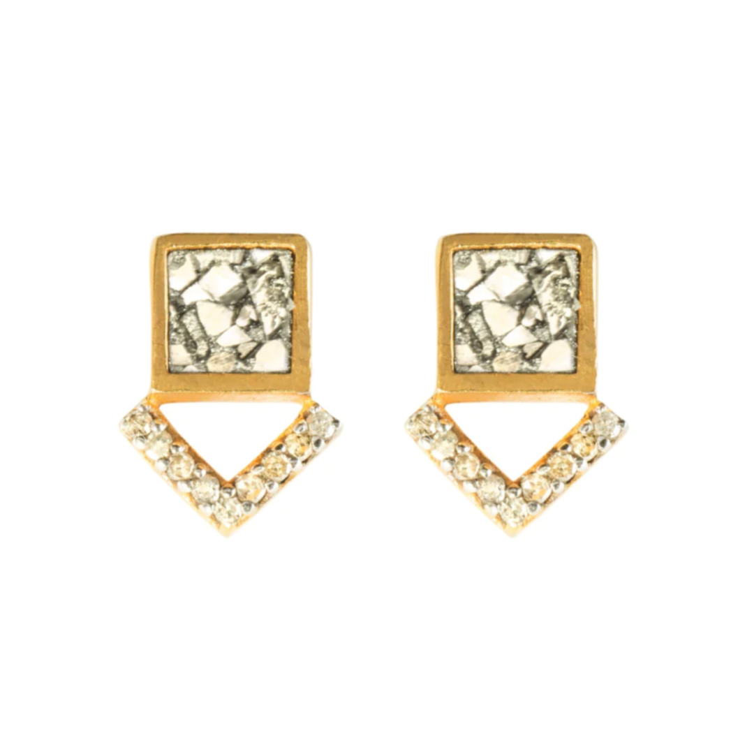 gold square studs with a triangle accent encrusted in diamonds on a white background