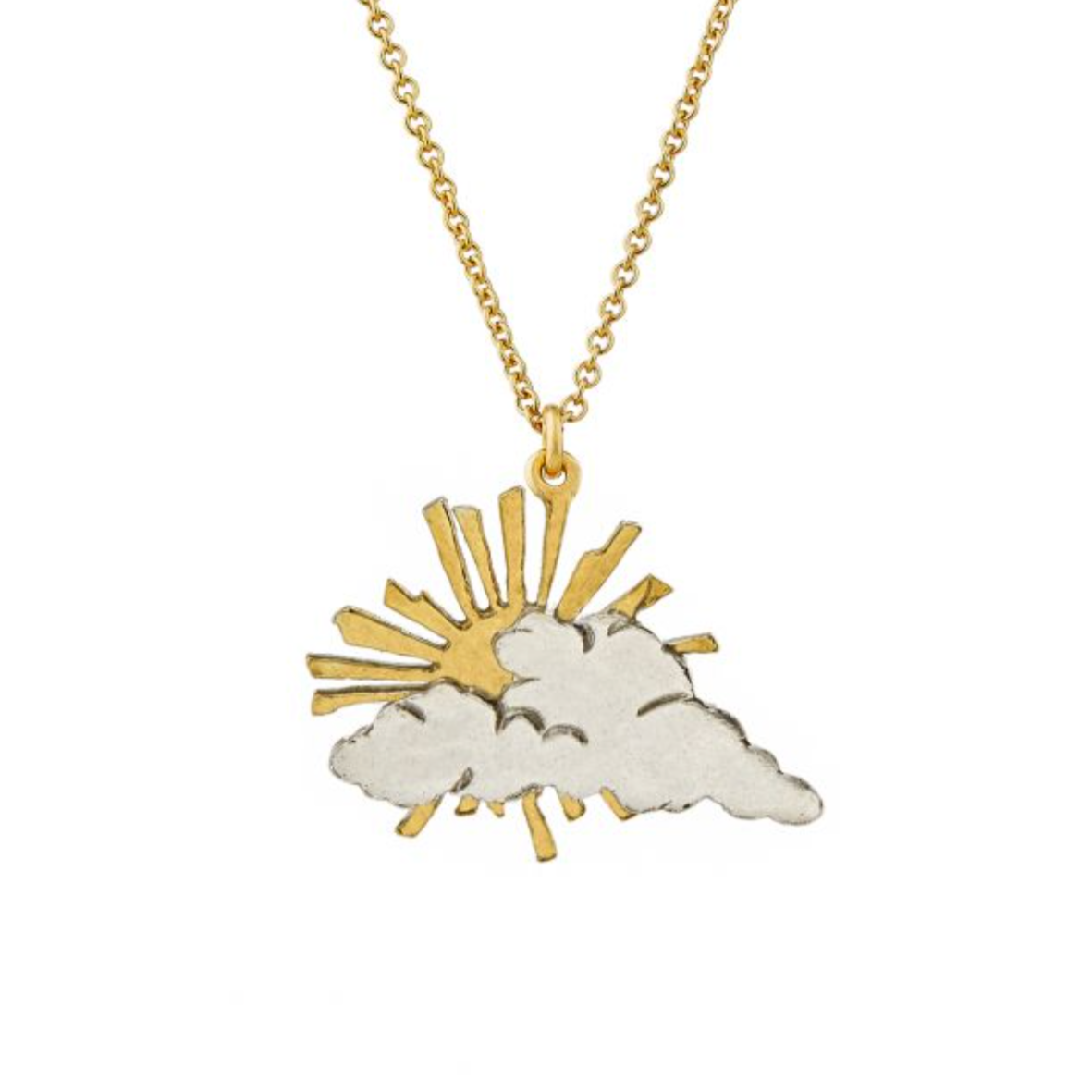 Load image into Gallery viewer, pendant necklace with a gold sun behind a silver cloud on a white background

