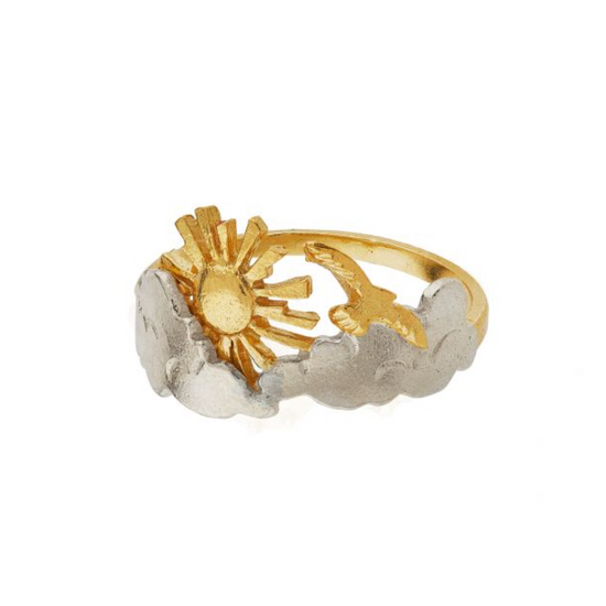 mix metal ring with a gold sun and bird and silver clouds on a white background