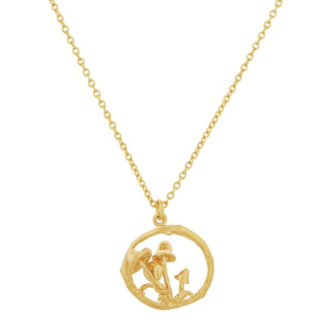a gold open circle pendant necklace with a cluster of mushrooms on a white background