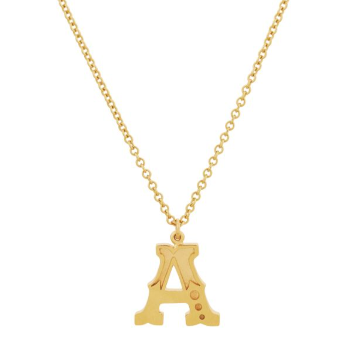 gold gothic a initial pendant necklace on a white background