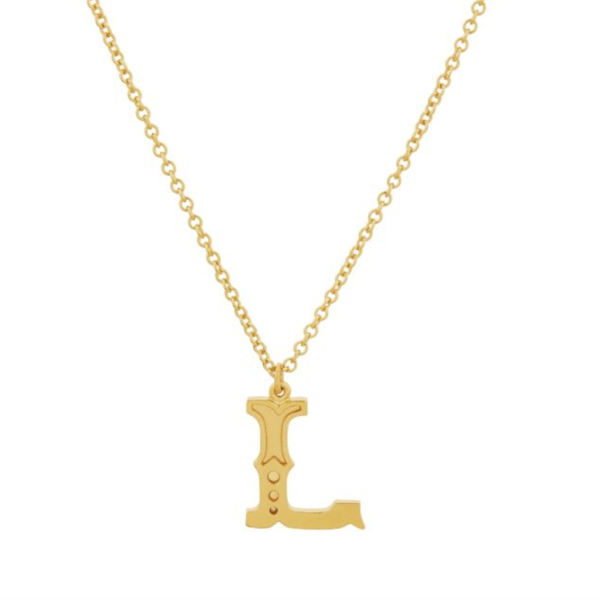 gold gothic l initial pendant necklace on a white background