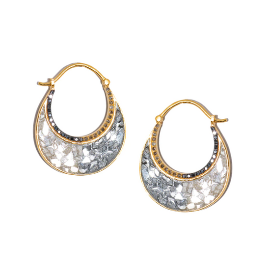 gold hoops with diamond slices set in grey resin with diamond accents on a white background