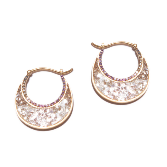 gold hoop earrings with diamond slices set in resin with pave accents on a white background