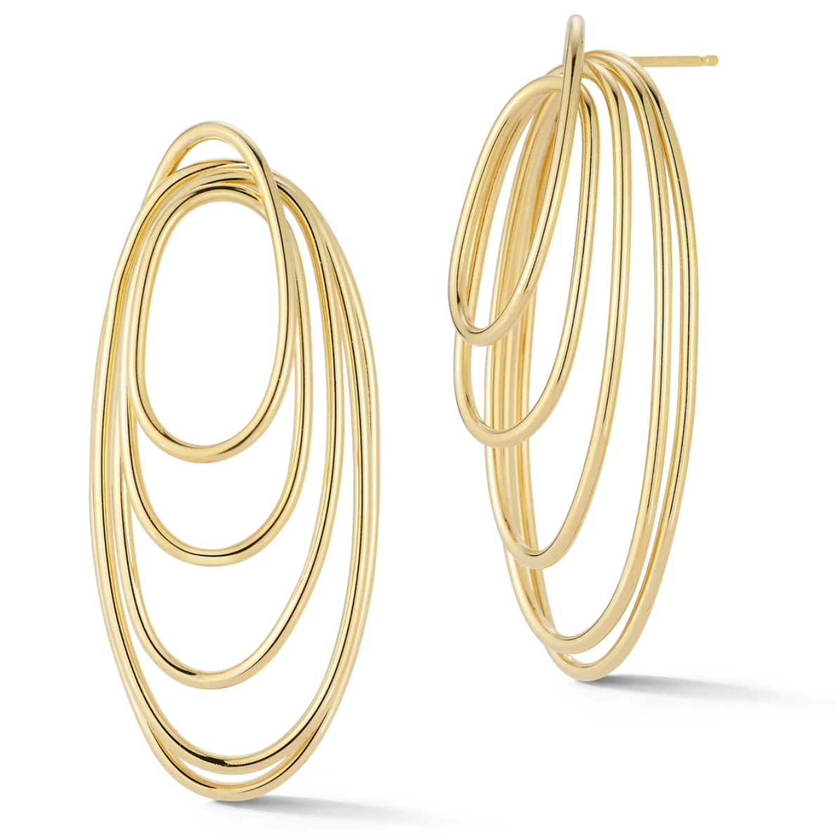 gold post earrings with three dimensional loops on a white background