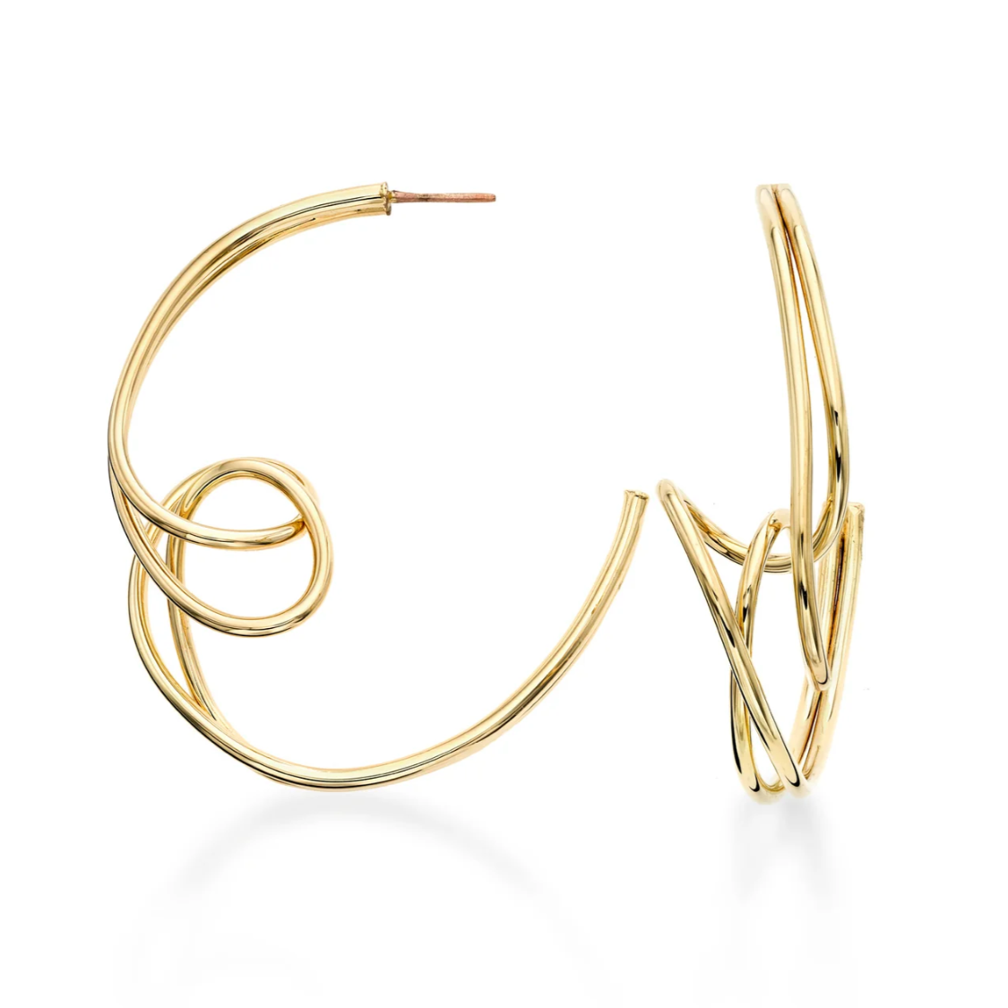 a side and front view of the sculptural gold hoop mademoiselle earrings on a white background
