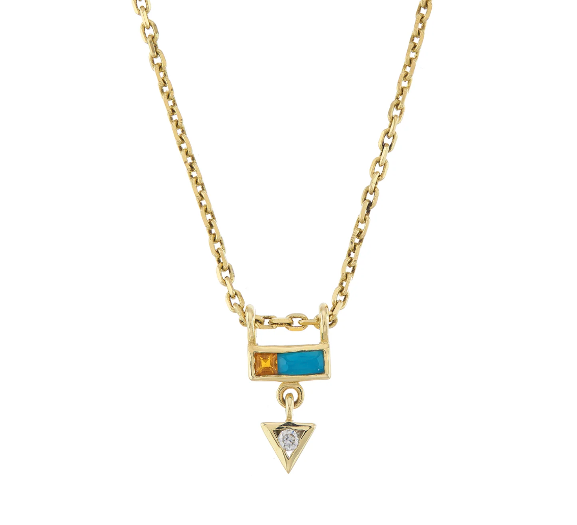 Load image into Gallery viewer, a geometric gold pendant necklace with a baguette turquoise, princess cut square citrine, and round diamond on a white background
