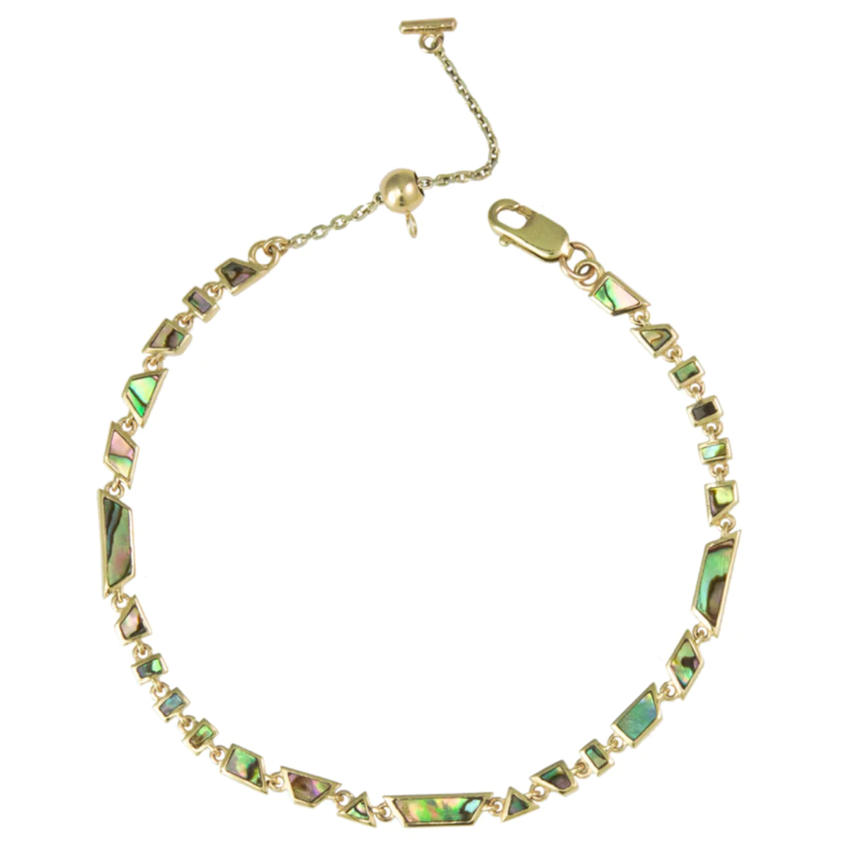geometric cut abalone mother of pearl dainty gold bracelet on a white background