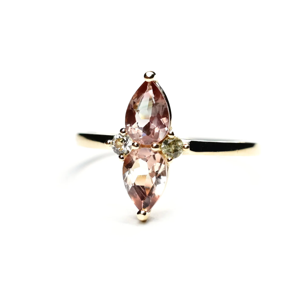 angled view of the double pear sunstone ring on a white background