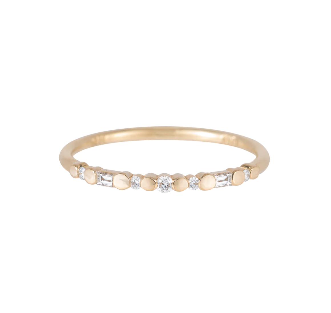 a 14k yellow gold band with round gold details and a mix of baguette and round diamonds on a white background