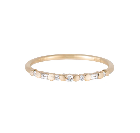 a 14k yellow gold band with round gold details and a mix of baguette and round diamonds on a white background