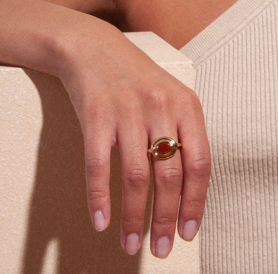 hand model wearing the mira ring on their middle finger