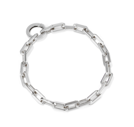 SILVER COLOR THICK CHAIN LINK BRACELET ON WHITE BACKGROUND