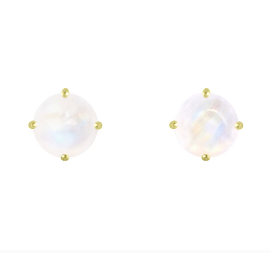 two rainbow moonstone round stud earrings on a white background