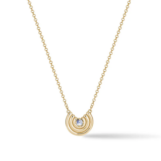 yellow gold partial circle pendant with round rainbow moonstone on a white background