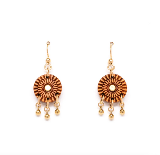 cherry wood round geometric shaped earrings with gold dangles on a white background
