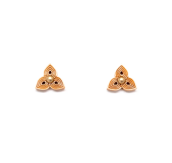 marquise shaped three petal wood stud earrings with brass bead inlay on a white background