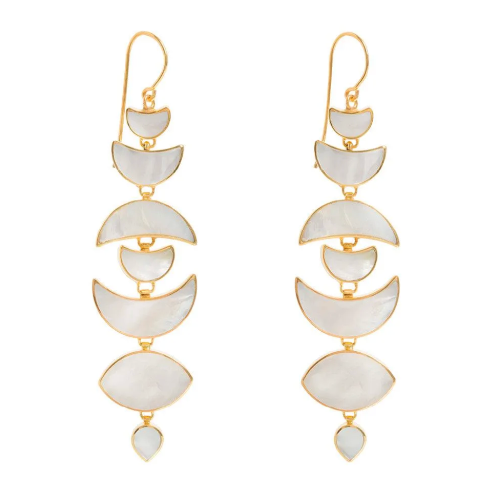 gold dangle earrings with mother of pearl shaped like the phases of the moon on a white background