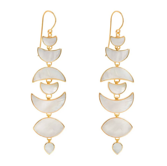 gold dangle earrings with mother of pearl shaped like the phases of the moon on a white background