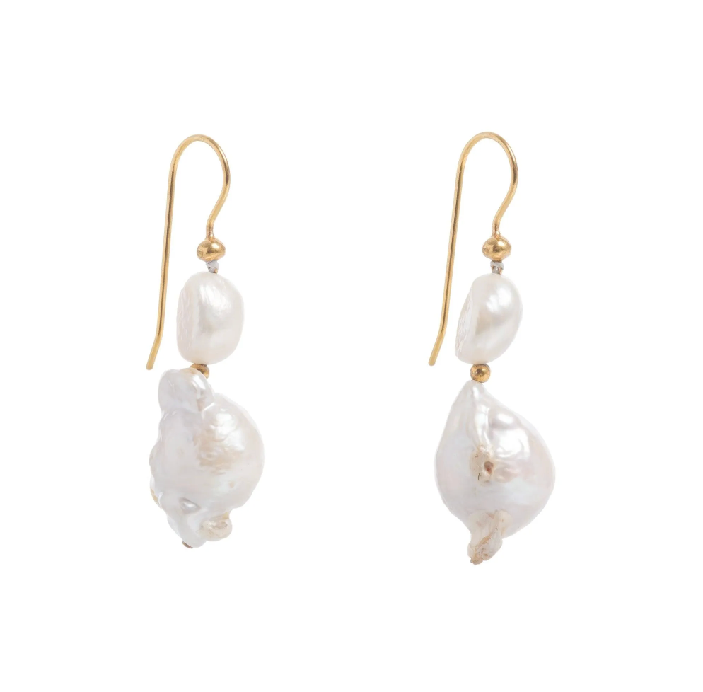 gold drop earrings with two freshwater baroque pearls on a white background