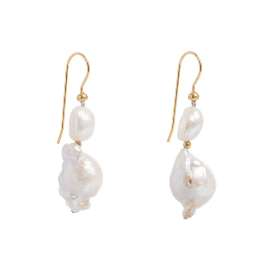 gold drop earrings with two freshwater baroque pearls on a white background