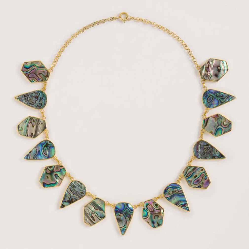 abalone geometric collar necklace on white background