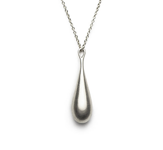 close up of a silver necklace with a silver drip pendant on white background