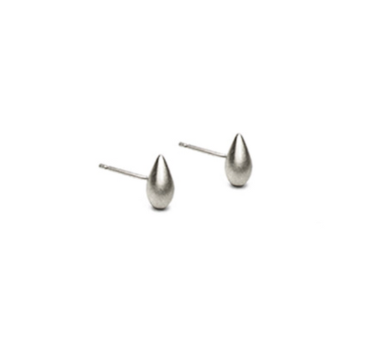 teardrop shaped silver stud earrings on a white background